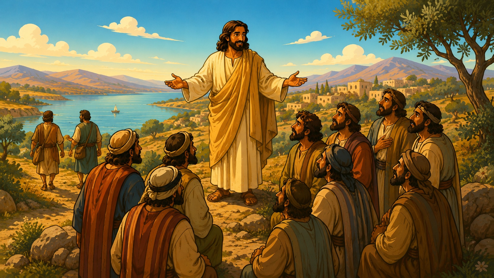 Jesús de pie con los brazos abiertos enseñando a un grupo de discípulos que lo miran desde una ladera junto al lago, mientras dos hombres se alejan por el camino