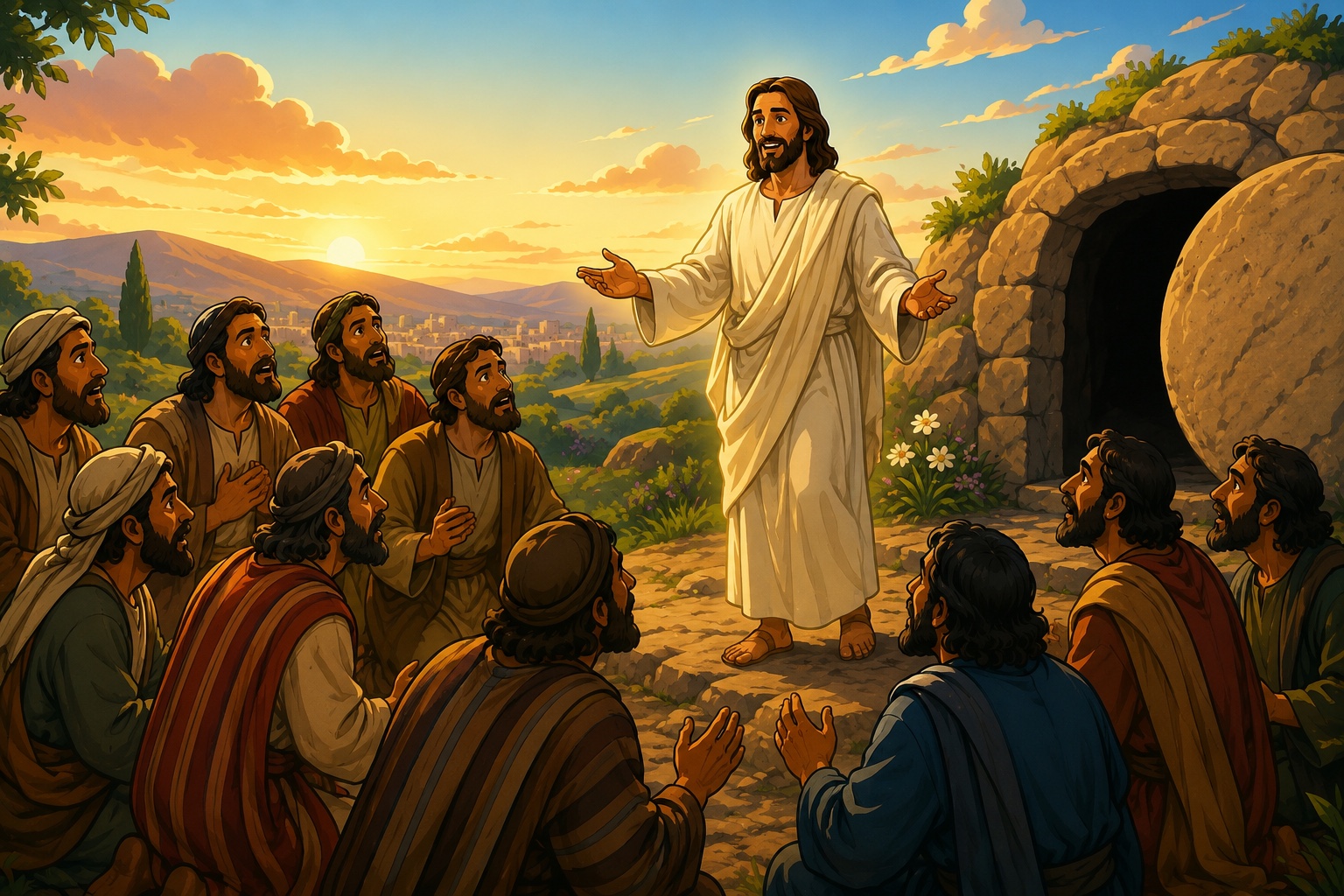 Cristo resucitado, de pie con los brazos abiertos frente a la tumba vacía, mientras los discípulos lo contemplan con asombro al amanecer