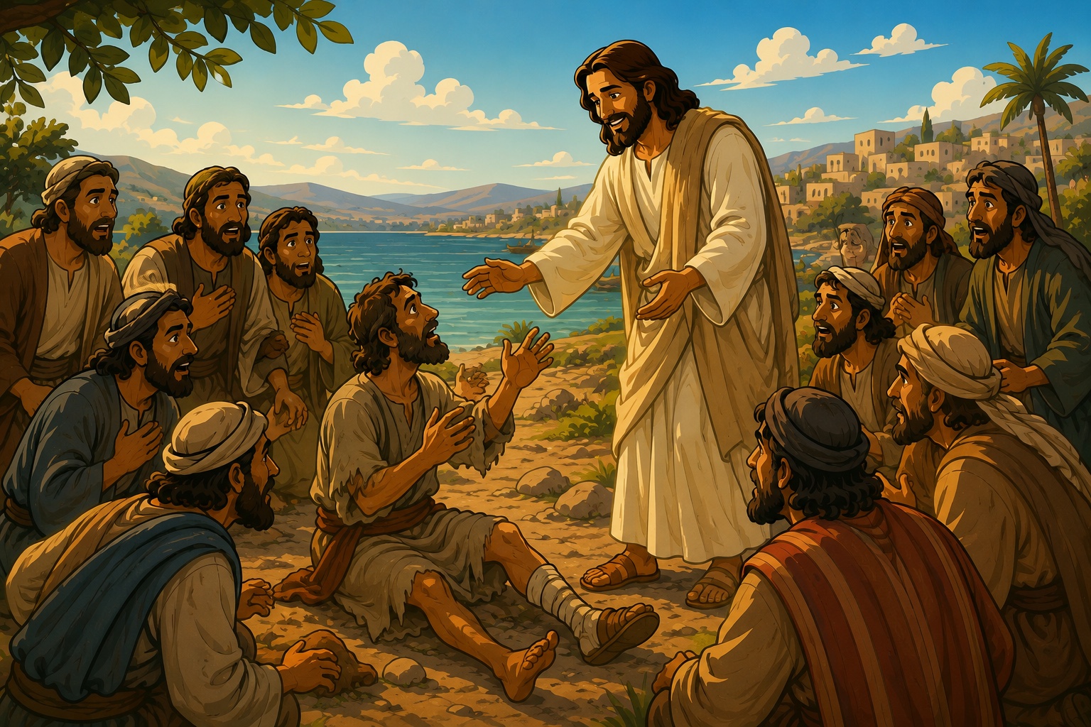Jesús extendiendo la mano para sanar a un hombre herido sentado a sus pies, junto al mar de Galilea, mientras los apóstoles observan con asombro llevándose la mano al pecho