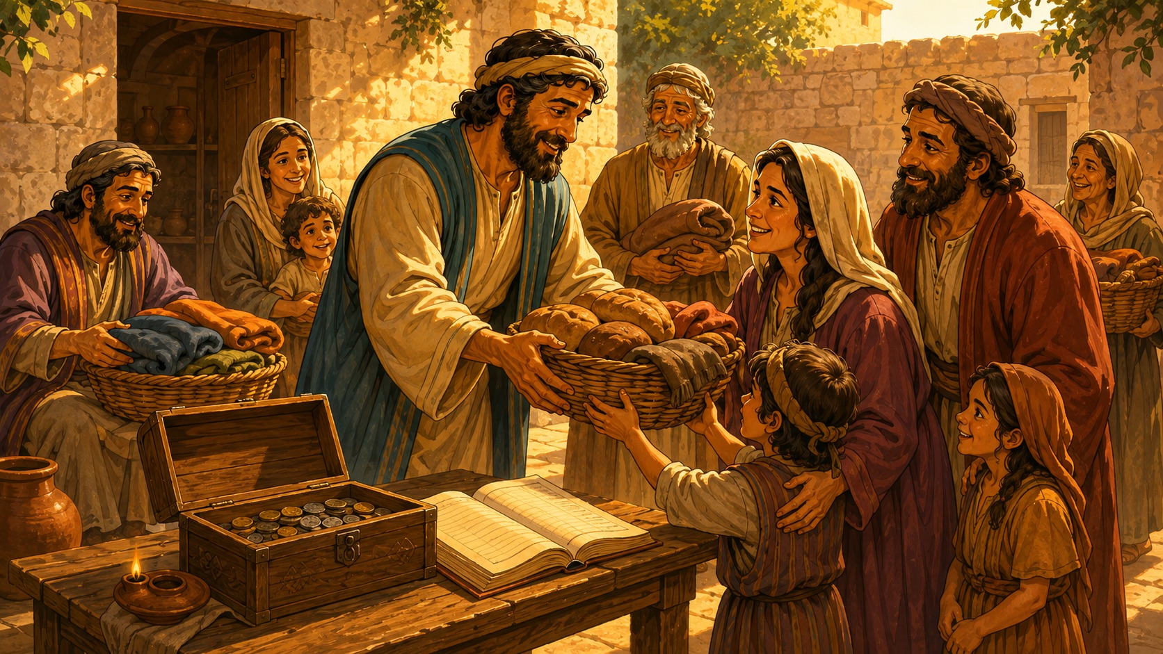 Un pastor sencillo reparte pan y mantas entre familias alegres; sobre la mesa una caja de monedas abierta sin candado y un libro de cuentas abierto a la vista de todos