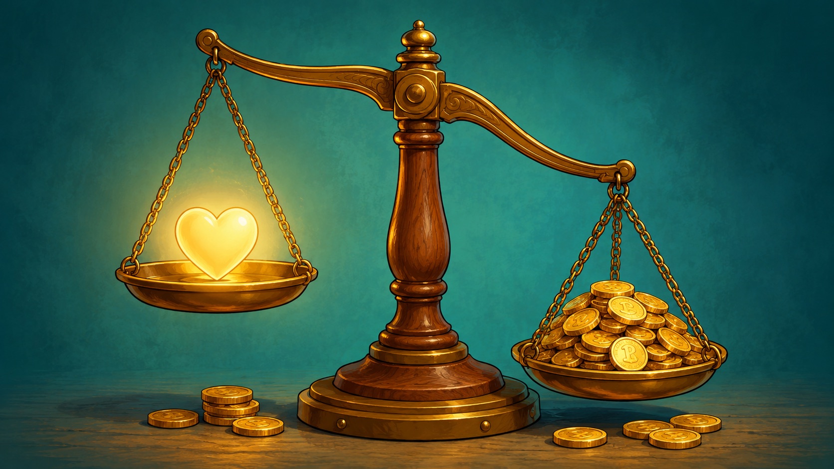 Una balanza antigua: en un platillo un corazón que brilla, en el otro un montón de monedas que lo hunde