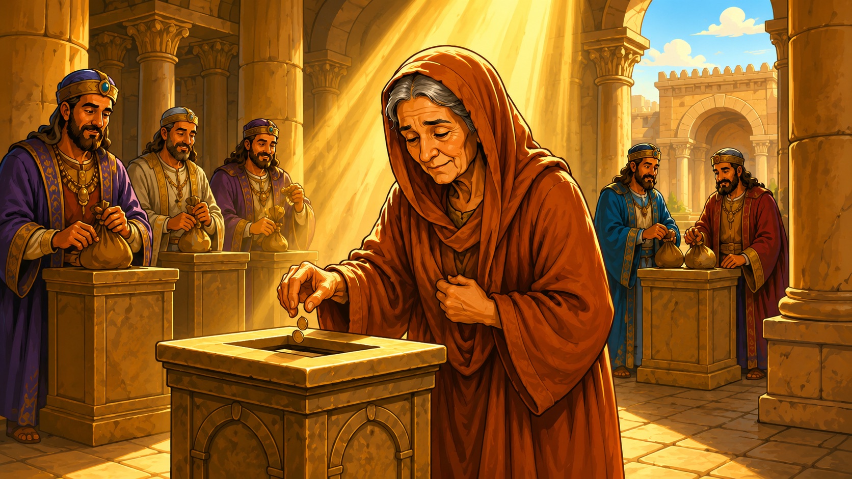 La viuda pobre echa sus dos monedas en el arca del templo mientras los ricos echan bolsas